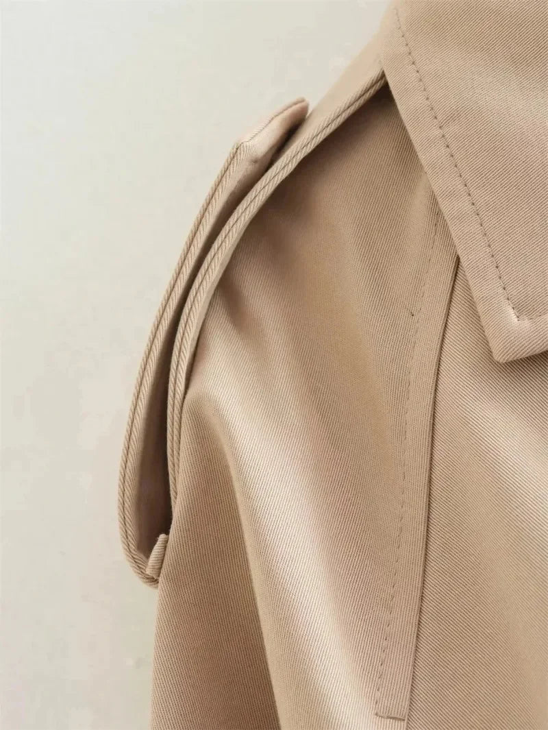Women's Long Sleeve Turn Down Collar Short JacketChic Double Breasted Trench Coats Lady Outfit Belt Cropped Coat Vintage Fas