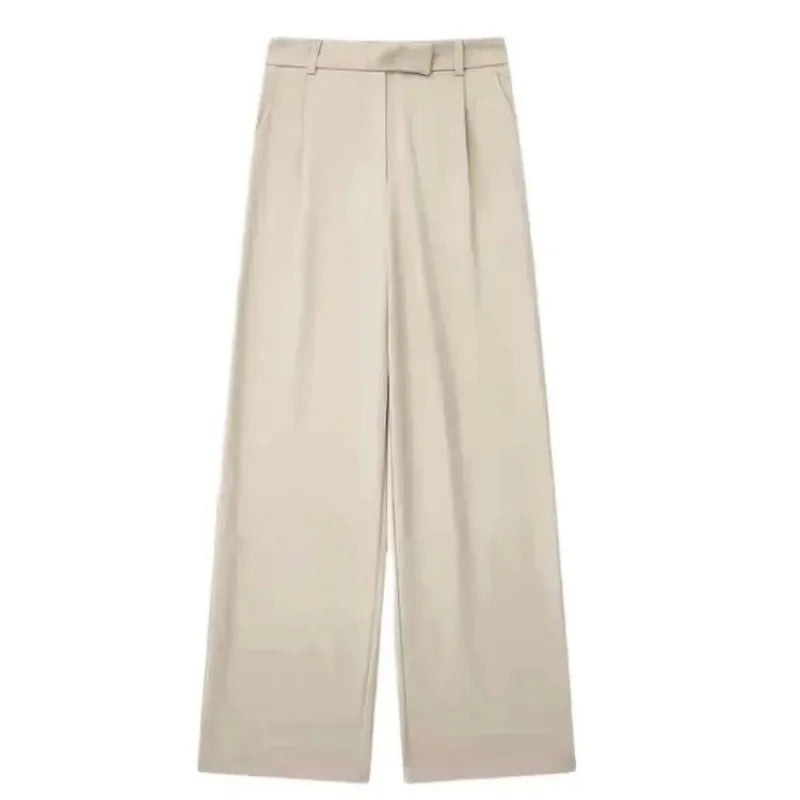 Casual Fashion Wide Leg Pants Women Pocket High Waist Zipper Pleated Solid Trousers Simple Young Streetwear Commuting Pant 2025