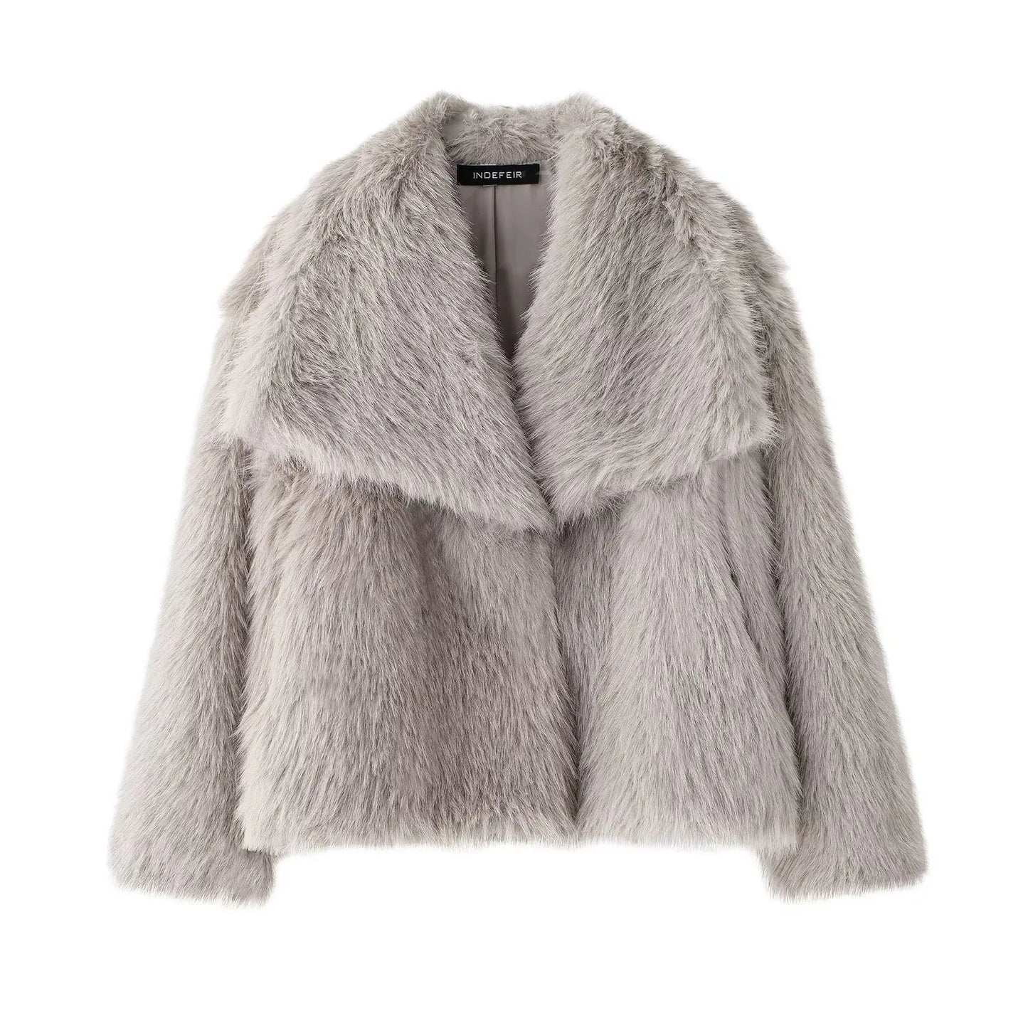 TRAFZA Women Fashion Cropped Faux Fur Jacket Coat Long Sleeve Front Snap-button Female Outerwear Chic Lapel Collar Thick Coat