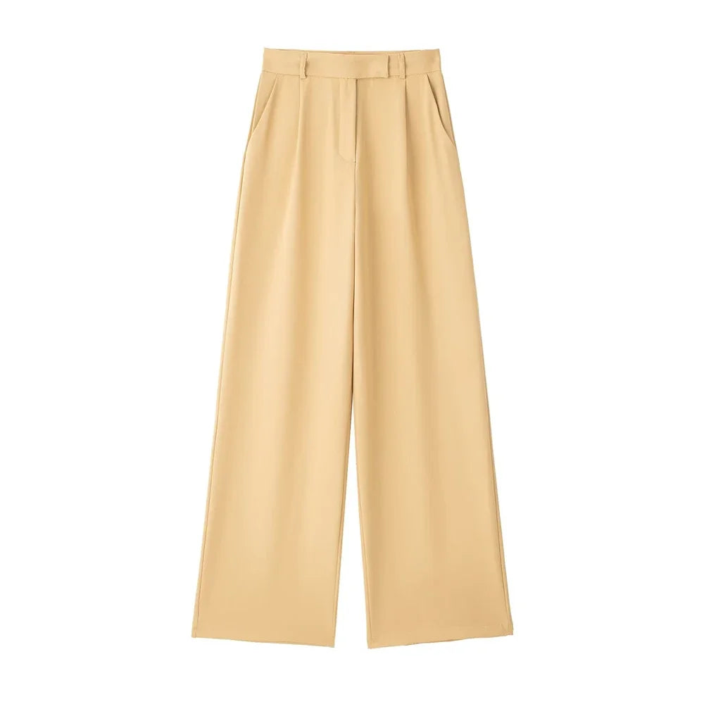 Casual Fashion Wide Leg Pants Women Pocket High Waist Zipper Pleated Solid Trousers Simple Young Streetwear Commuting Pant 2025