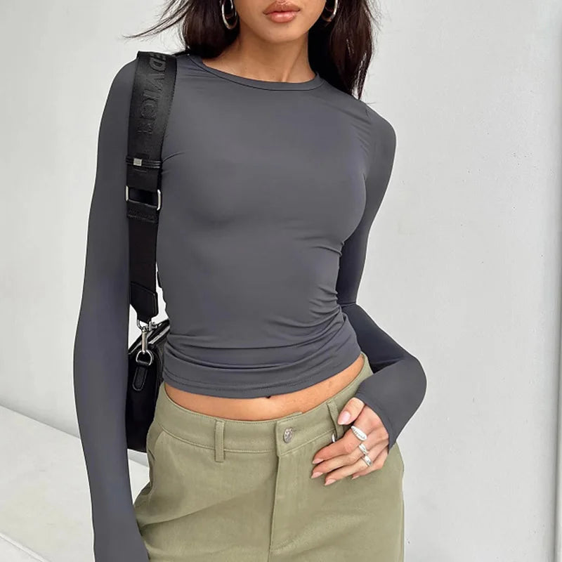 2025 Spring Autumn Women Y2K Pink T-Shirt Causal Long Sleeve Crop Tops O Neck Pullovers Base Tees Bodycon Slim Fit T Shirt