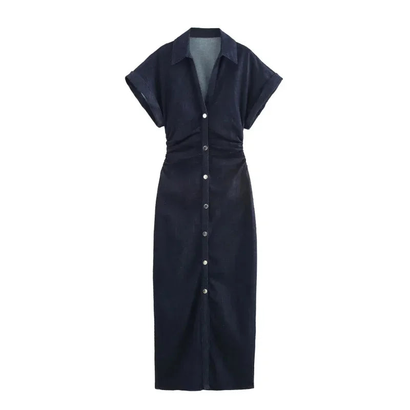 2025 traf Spring New 1975 series denim MIDI dress with lapel side zipper fashion wrinkle waist slim elegant dress