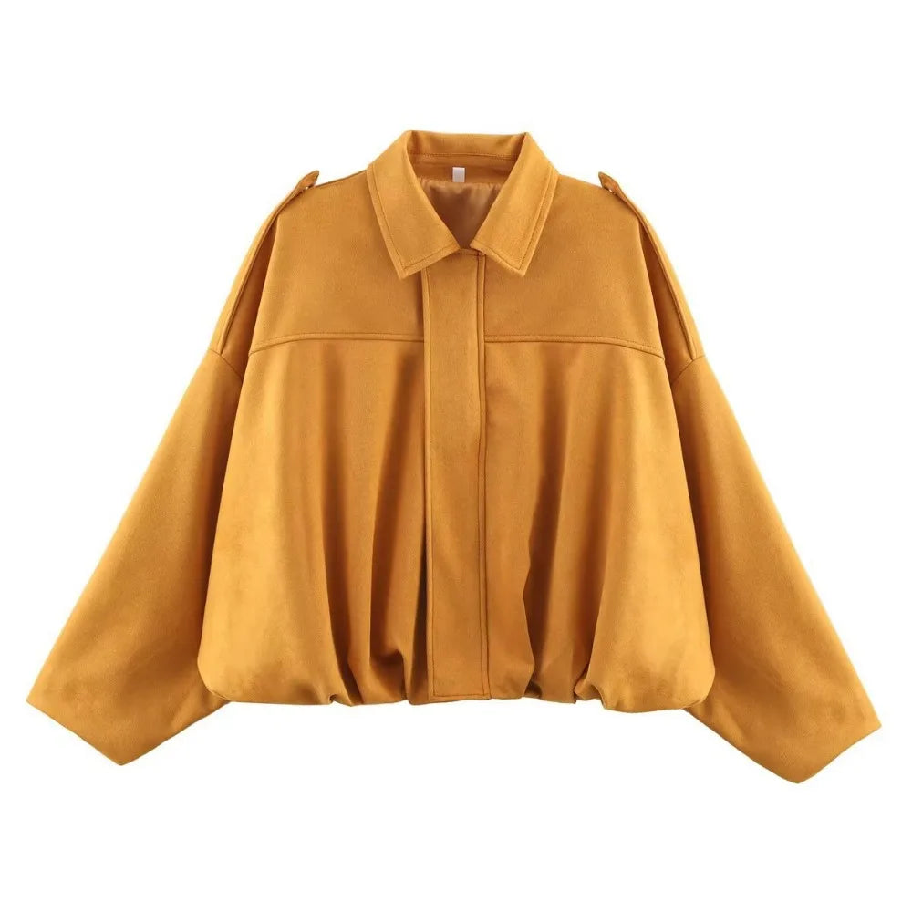 ZBZA Women's Vintage Bomber Jacket Shorts Set Loose Lapel Zipper Solid Coat High Waist Pocket A-line Shorts Spring New Chic Suit
