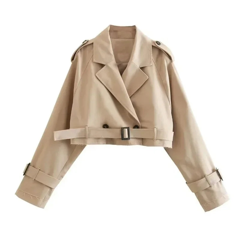 Women's Long Sleeve Turn Down Collar Short JacketChic Double Breasted Trench Coats Lady Outfit Belt Cropped Coat Vintage Fas