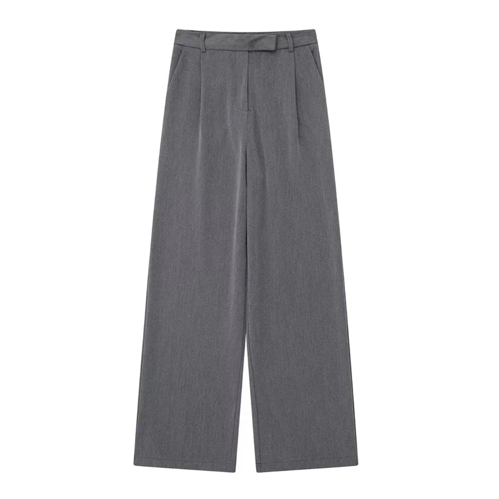Casual Fashion Wide Leg Pants Women Pocket High Waist Zipper Pleated Solid Trousers Simple Young Streetwear Commuting Pant 2025