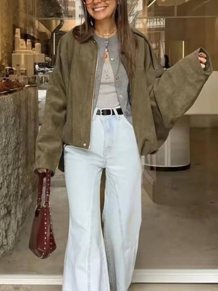 ZBZA Women's Vintage Bomber Jacket Shorts Set Loose Lapel Zipper Solid Coat High Waist Pocket A-line Shorts Spring New Chic Suit