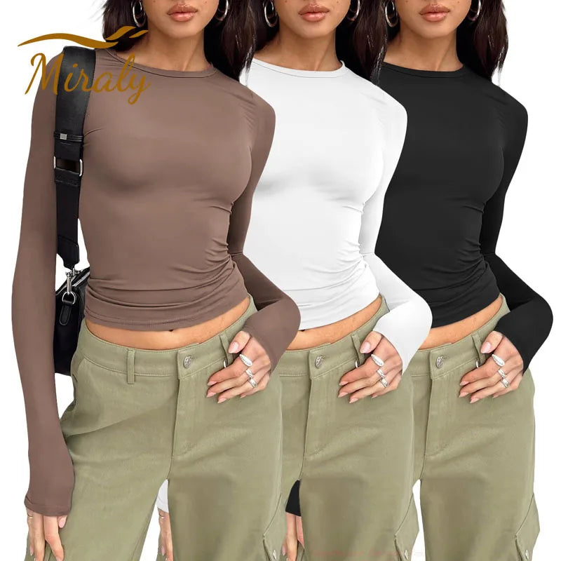 2025 Spring Autumn Women Y2K Pink T-Shirt Causal Long Sleeve Crop Tops O Neck Pullovers Base Tees Bodycon Slim Fit T Shirt