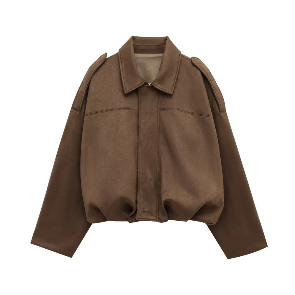 ZBZA Women's Vintage Bomber Jacket Shorts Set Loose Lapel Zipper Solid Coat High Waist Pocket A-line Shorts Spring New Chic Suit