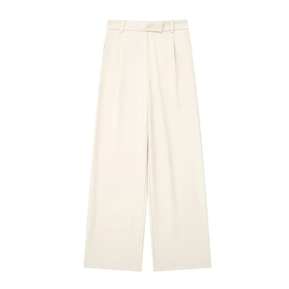 Casual Fashion Wide Leg Pants Women Pocket High Waist Zipper Pleated Solid Trousers Simple Young Streetwear Commuting Pant 2025