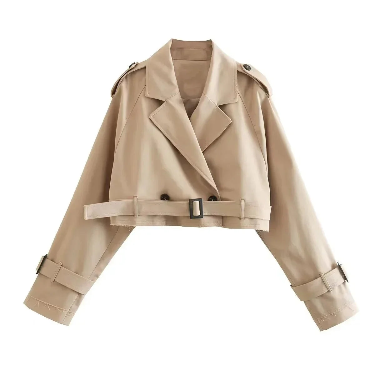 Women's Long Sleeve Turn Down Collar Short JacketChic Double Breasted Trench Coats Lady Outfit Belt Cropped Coat Vintage Fas