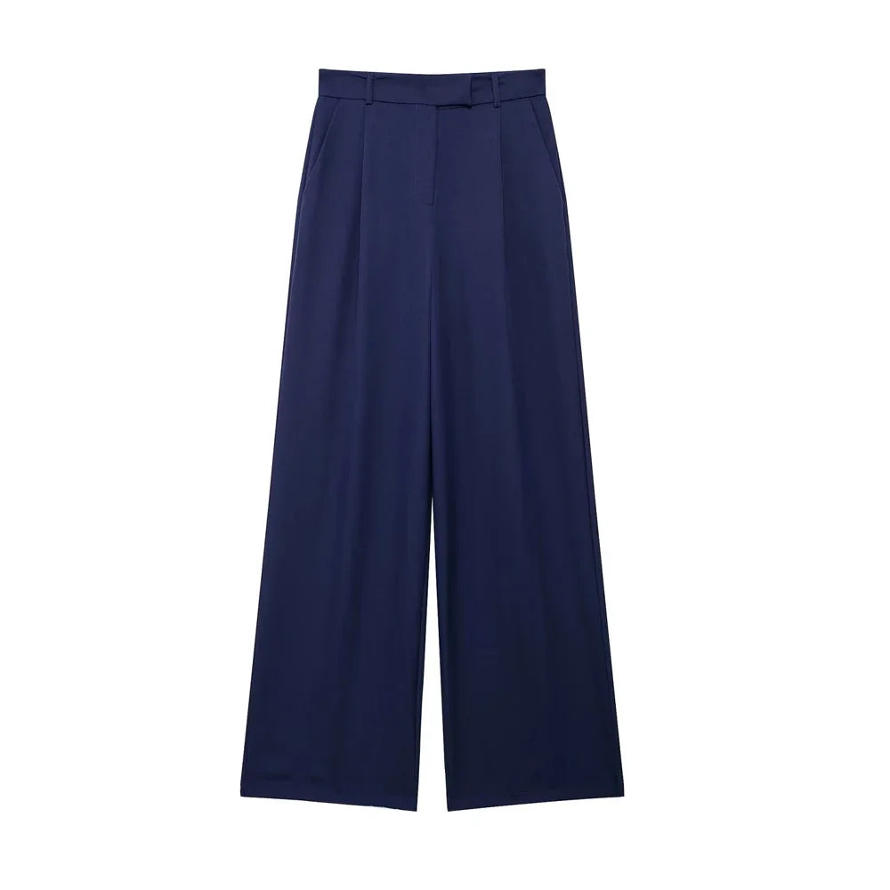 Casual Fashion Wide Leg Pants Women Pocket High Waist Zipper Pleated Solid Trousers Simple Young Streetwear Commuting Pant 2025