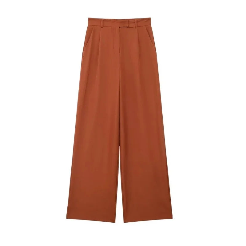 Casual Fashion Wide Leg Pants Women Pocket High Waist Zipper Pleated Solid Trousers Simple Young Streetwear Commuting Pant 2025