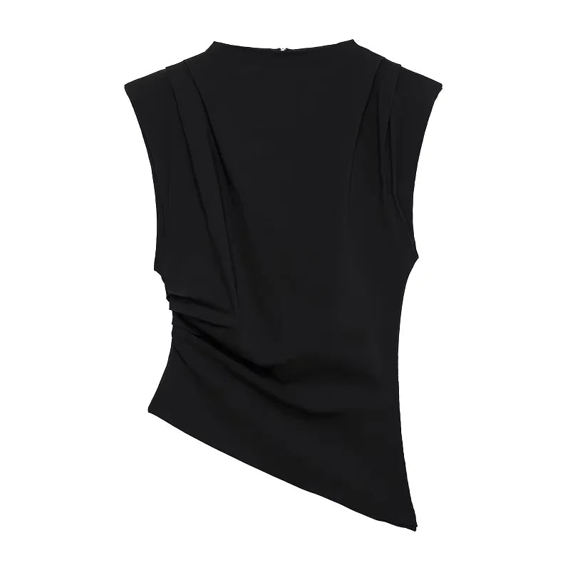 2025 Summer Asymmetric Tank Women Wine Red/Brown/Black Ruched Sleeve Office&Party Tops Breathable Stretchy Slim Fit Streetwear