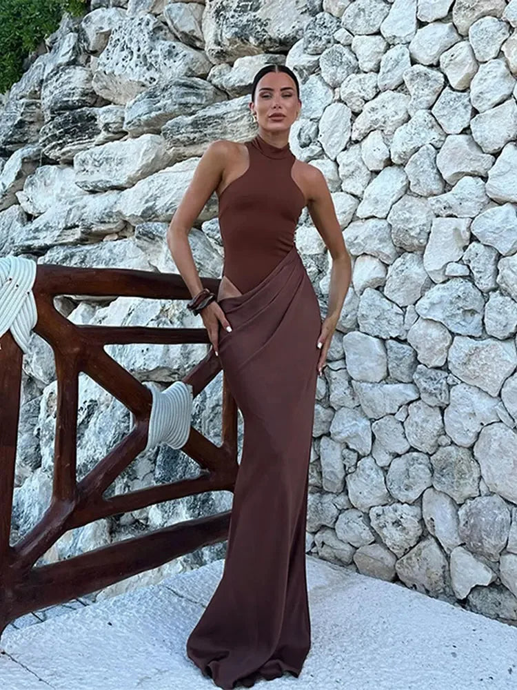 Sexy Solid Hollow Out Slim Maxi Dress Women Elegant Half High Collar Sleeveless Robes Chic Female Evening Party Club Vestidos