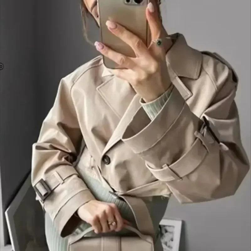 Women's Long Sleeve Turn Down Collar Short JacketChic Double Breasted Trench Coats Lady Outfit Belt Cropped Coat Vintage Fas