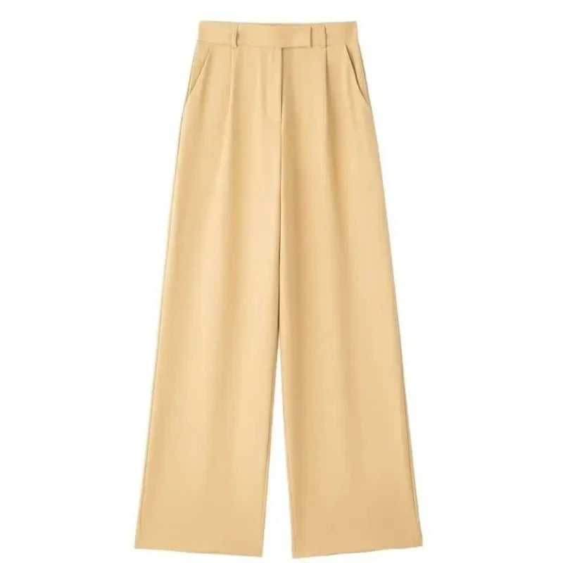 Casual Fashion Wide Leg Pants Women Pocket High Waist Zipper Pleated Solid Trousers Simple Young Streetwear Commuting Pant 2025