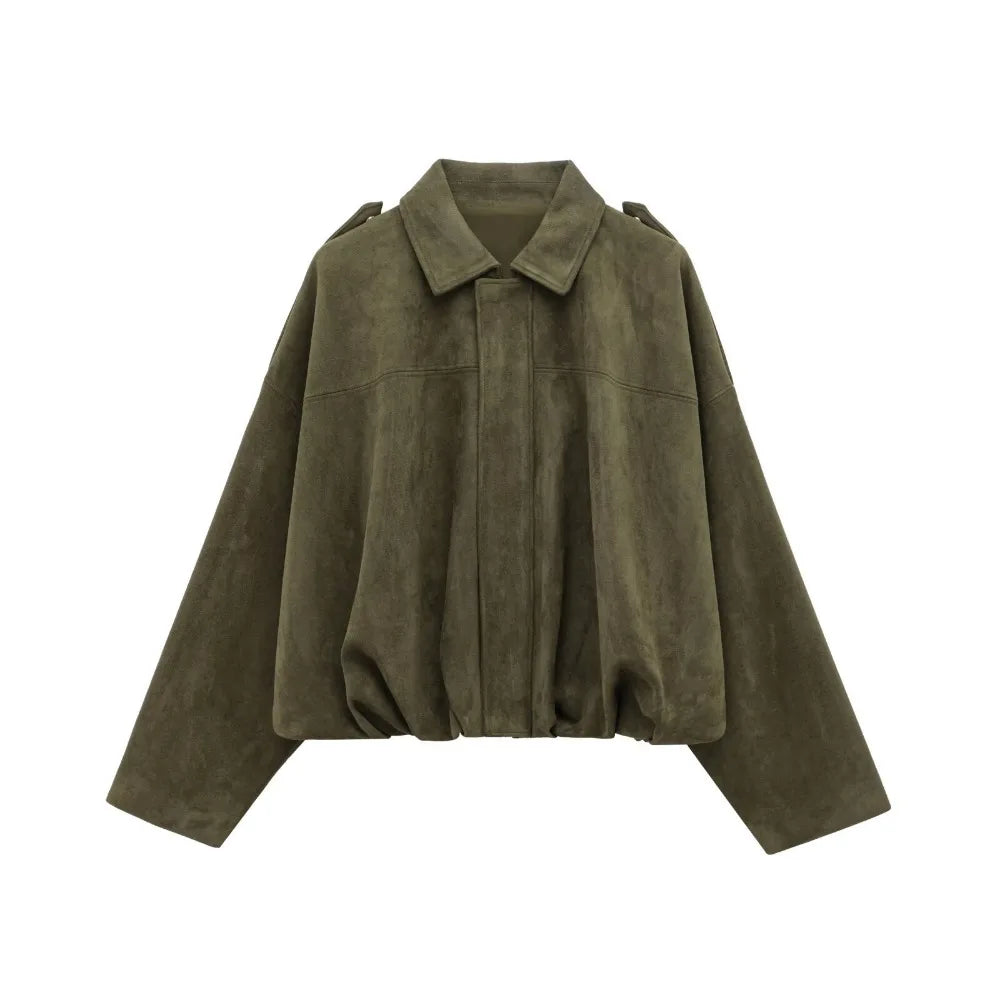 ZBZA Women's Vintage Bomber Jacket Shorts Set Loose Lapel Zipper Solid Coat High Waist Pocket A-line Shorts Spring New Chic Suit