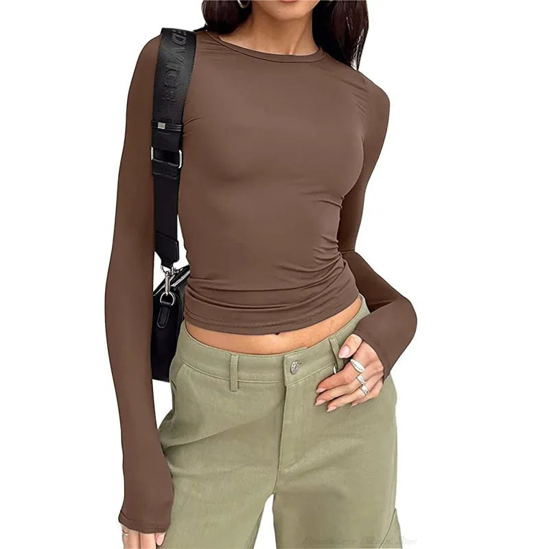 2025 Spring Autumn Women Y2K Pink T-Shirt Causal Long Sleeve Crop Tops O Neck Pullovers Base Tees Bodycon Slim Fit T Shirt