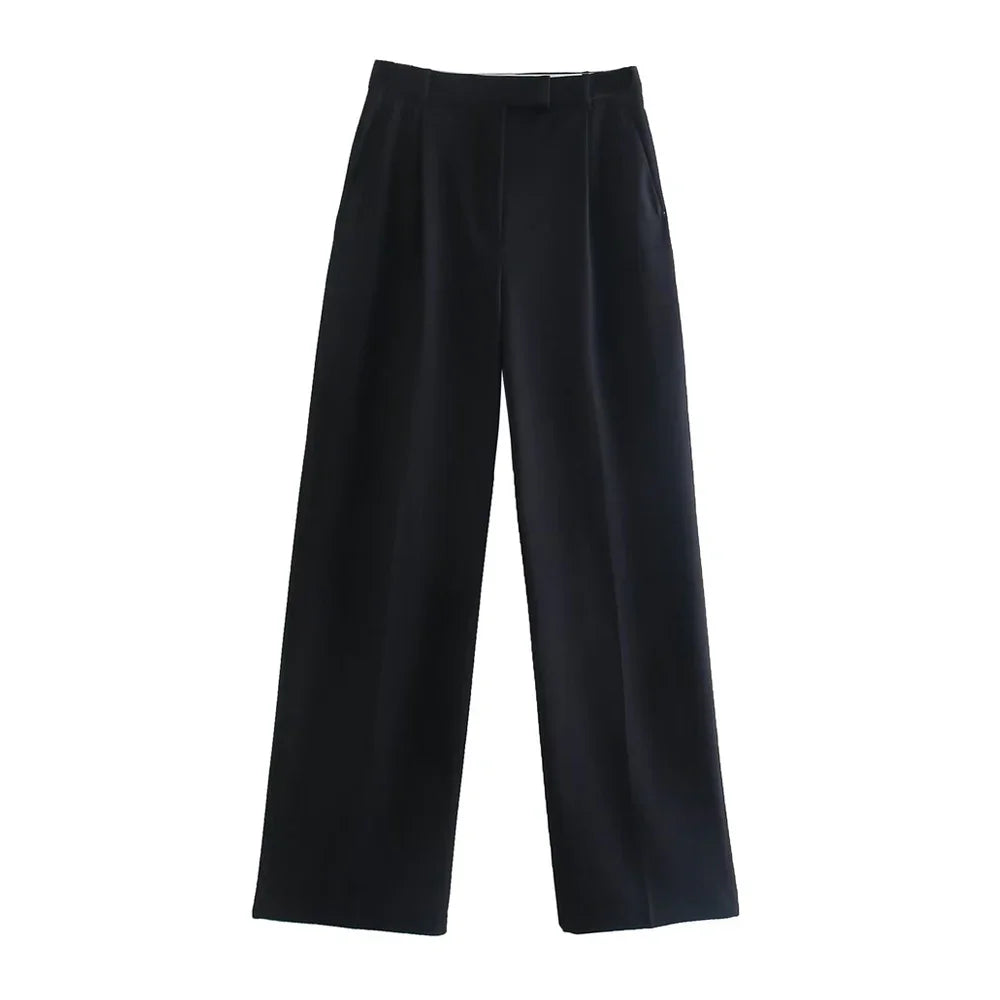 Casual Fashion Wide Leg Pants Women Pocket High Waist Zipper Pleated Solid Trousers Simple Young Streetwear Commuting Pant 2025