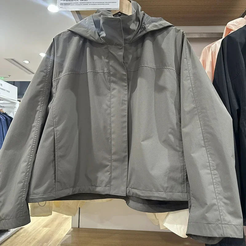 Windproof Stand Collar Hooded Jacket Women's Outdoor Casual Thin Short Coat Spring and Autumn Solid Color Stand up Collar Jacket