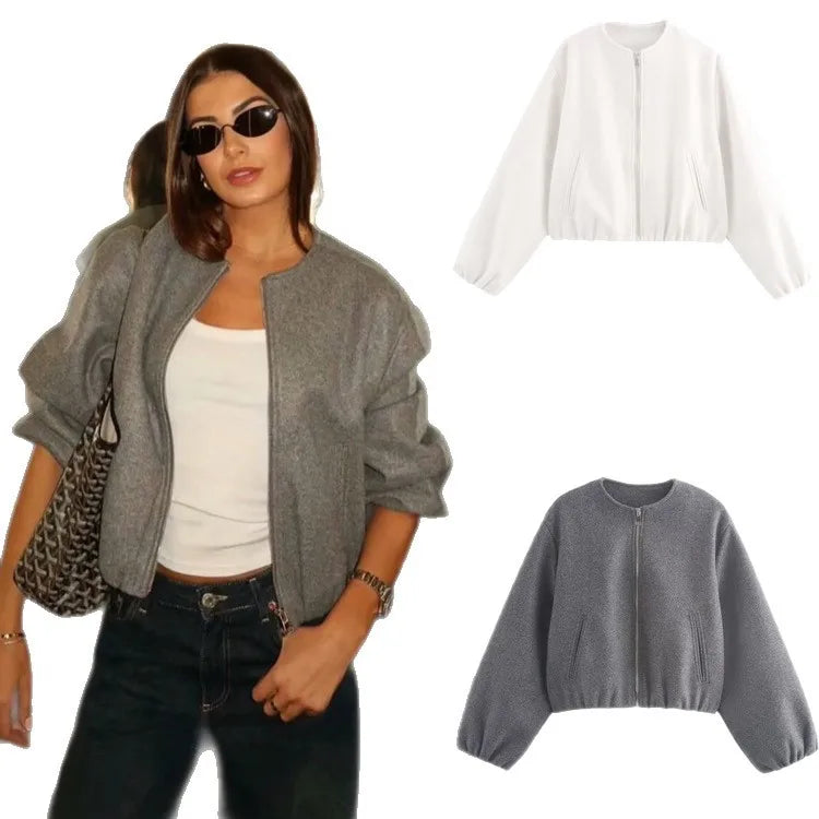 Gray Women Loose Bomber Jacket Vintage Round Neck Long Sleeve Short Coat High Street Autumn Winter Female Coat New in Outerwear