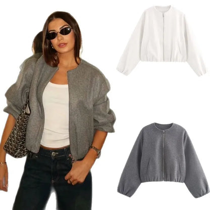 Gray Women Loose Bomber Jacket Vintage Round Neck Long Sleeve Short Coat High Street Autumn Winter Female Coat New in Outerwear
