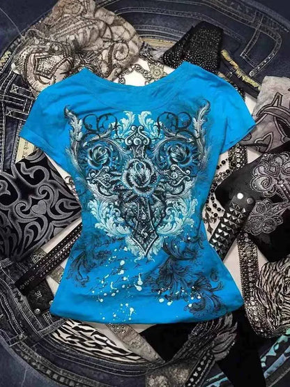 Women's Y2k grunge T-Shirts 2000s Rhinestone Print Heart Rose T-Shirt Aesthetics Harajuku Round Neck Tops street fashion