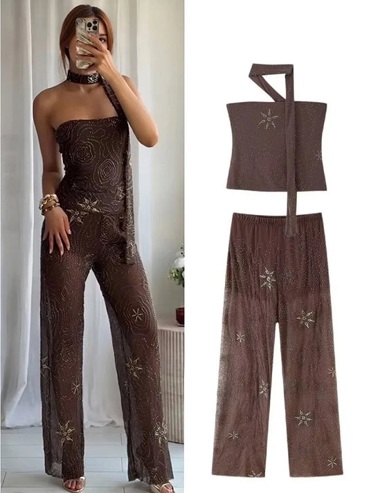 Fashion Beaded Decoration Translucent Tulle Tank Top Women Sequins Vintage Sleeveless Backless Tops 2025 Summer Casual Slim Top