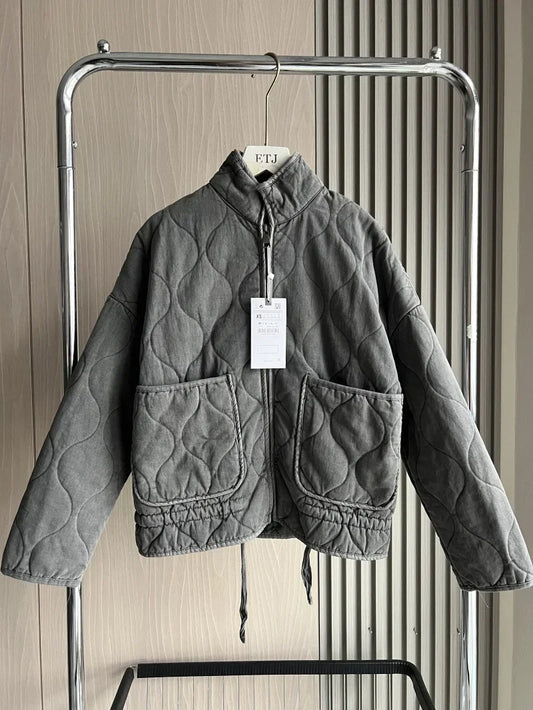 Women's Cotton Jacket Traf 2024 New Arrival Vintage Lenzing Rayon High Collar Large Pocket Decorative Quilted Coat for Women