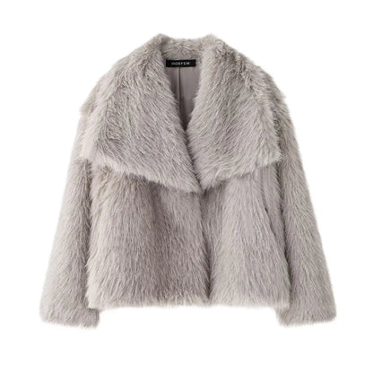 TRAFZA Women Fashion Cropped Faux Fur Jacket Coat Long Sleeve Front Snap-button Female Outerwear Chic Lapel Collar Thick Coat