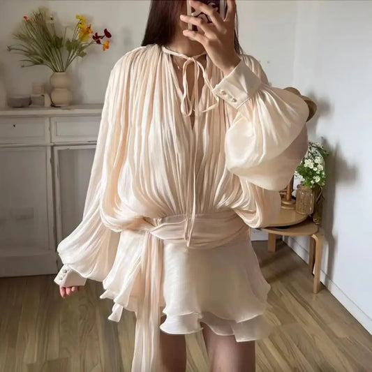 Women's Ruffle V Neck Mini Dress Long Sleeve Spliced Lace Up Dress with Shorts Summer Pleated Short Dress