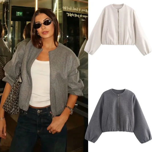 Gray Women Loose Bomber Jacket Vintage Round Neck Long Sleeve Short Coat High Street Autumn Winter Female Coat New in Outerwear