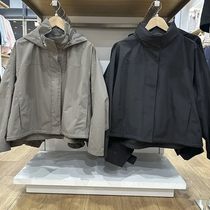 Windproof Stand Collar Hooded Jacket Women's Outdoor Casual Thin Short Coat Spring and Autumn Solid Color Stand up Collar Jacket