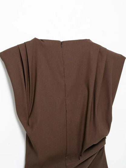 2025 Summer Asymmetric Tank Women Wine Red/Brown/Black Ruched Sleeve Office&Party Tops Breathable Stretchy Slim Fit Streetwear