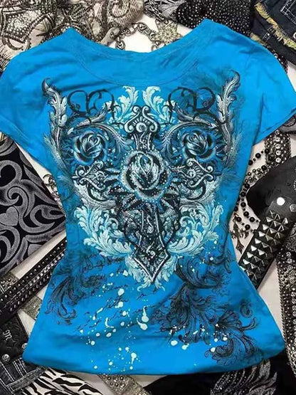 Women's Y2k grunge T-Shirts 2000s Rhinestone Print Heart Rose T-Shirt Aesthetics Harajuku Round Neck Tops street fashion