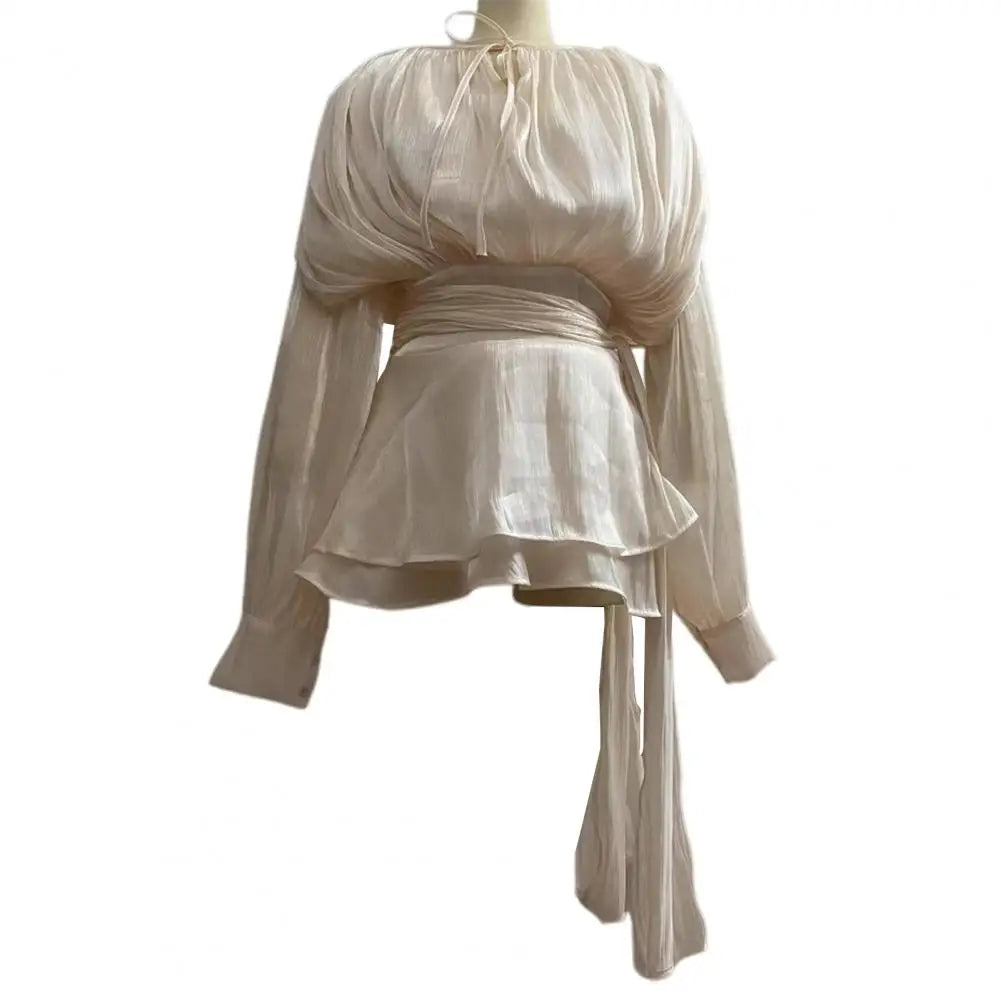 Women's Ruffle V Neck Mini Dress Long Sleeve Spliced Lace Up Dress with Shorts Summer Pleated Short Dress