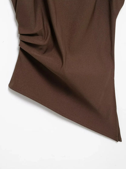 2025 Summer Asymmetric Tank Women Wine Red/Brown/Black Ruched Sleeve Office&Party Tops Breathable Stretchy Slim Fit Streetwear