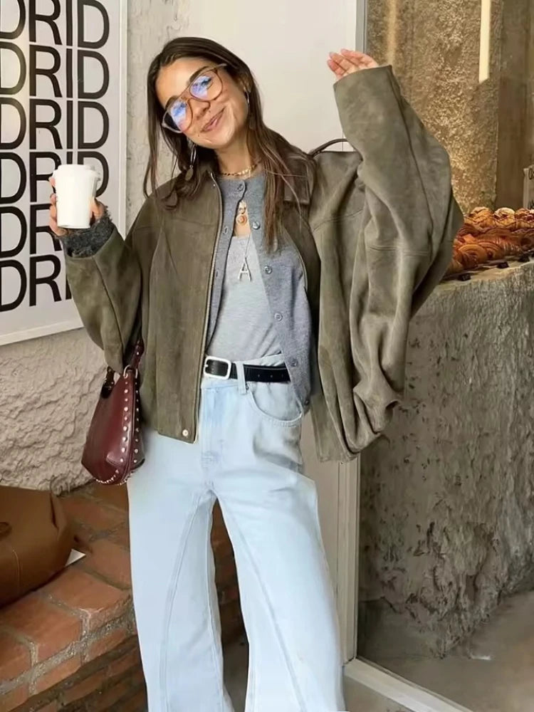 ZBZA Women's Vintage Bomber Jacket Shorts Set Loose Lapel Zipper Solid Coat High Waist Pocket A-line Shorts Spring New Chic Suit