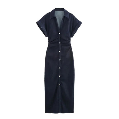2025 traf Spring New 1975 series denim MIDI dress with lapel side zipper fashion wrinkle waist slim elegant dress