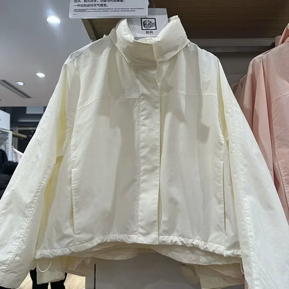 Windproof Stand Collar Hooded Jacket Women's Outdoor Casual Thin Short Coat Spring and Autumn Solid Color Stand up Collar Jacket