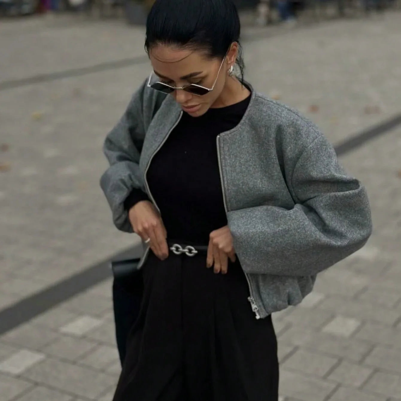 Gray Women Loose Bomber Jacket Vintage Round Neck Long Sleeve Short Coat High Street Autumn Winter Female Coat New in Outerwear