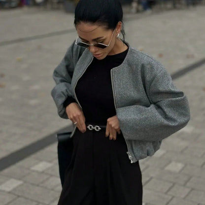Gray Women Loose Bomber Jacket Vintage Round Neck Long Sleeve Short Coat High Street Autumn Winter Female Coat New in Outerwear