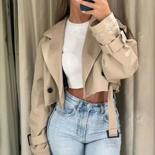 Women's Long Sleeve Turn Down Collar Short JacketChic Double Breasted Trench Coats Lady Outfit Belt Cropped Coat Vintage Fas