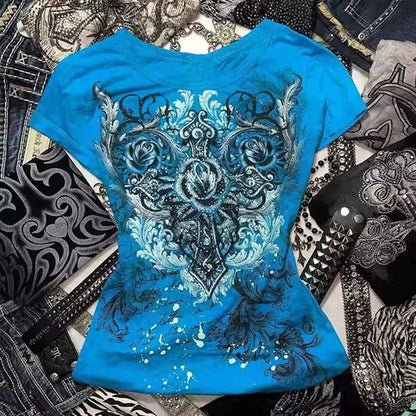 Women's Y2k grunge T-Shirts 2000s Rhinestone Print Heart Rose T-Shirt Aesthetics Harajuku Round Neck Tops street fashion
