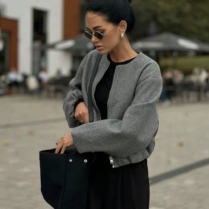 Gray Women Loose Bomber Jacket Vintage Round Neck Long Sleeve Short Coat High Street Autumn Winter Female Coat New in Outerwear