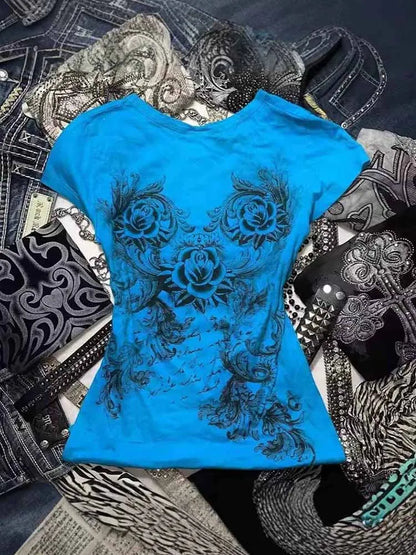 Women's Y2k grunge T-Shirts 2000s Rhinestone Print Heart Rose T-Shirt Aesthetics Harajuku Round Neck Tops street fashion