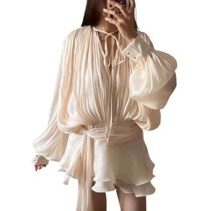 Women's Ruffle V Neck Mini Dress Long Sleeve Spliced Lace Up Dress with Shorts Summer Pleated Short Dress