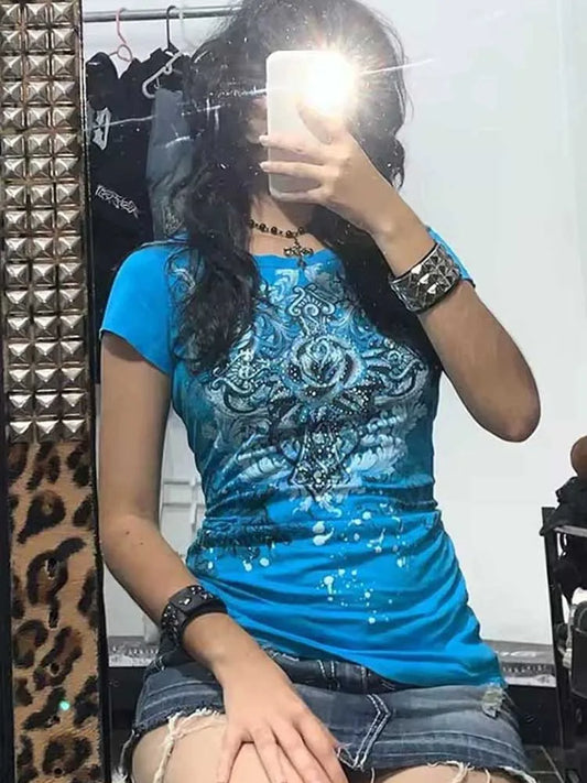 Women's Y2k grunge T-Shirts 2000s Rhinestone Print Heart Rose T-Shirt Aesthetics Harajuku Round Neck Tops street fashion
