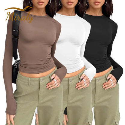 2025 Spring Autumn Women Y2K Pink T-Shirt Causal Long Sleeve Crop Tops O Neck Pullovers Base Tees Bodycon Slim Fit T Shirt