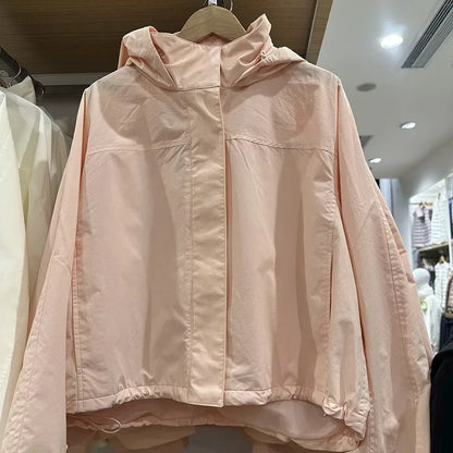 Windproof Stand Collar Hooded Jacket Women's Outdoor Casual Thin Short Coat Spring and Autumn Solid Color Stand up Collar Jacket